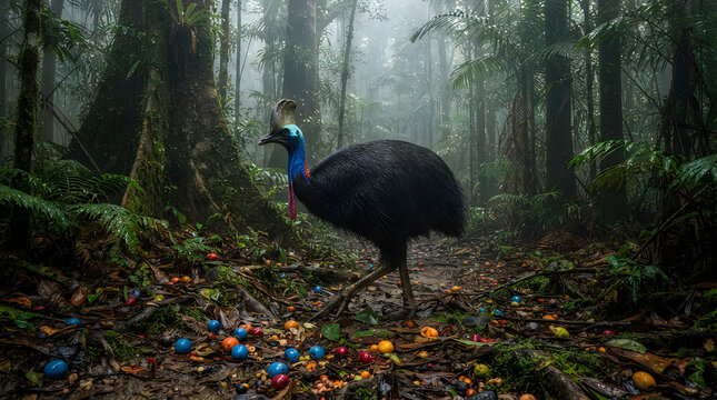 Southern Cassowary walking through misty tropical rainforest with colorful fallen fruits