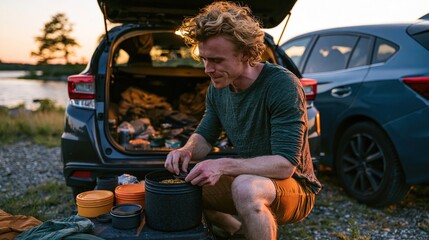 Fototapeta premium Young man preparing meal at open car trunk during outdoor adventure
