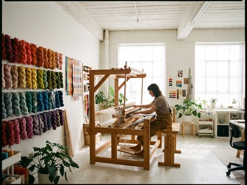 Woman weaving colorful yarn on a traditional wooden loom in a bright studio.