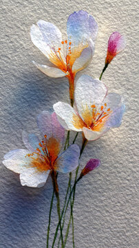 Small spring flower watercolor white petal purple bud orange stamen delicate stem textured paper botanical art with soft wash and subtle color for floral decoration