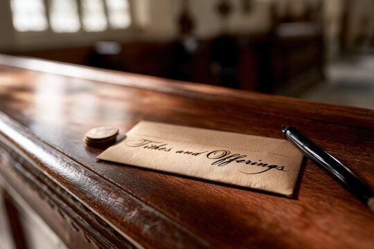 Warm-toned photograph of a donation envelope labeled Tithes and Offerings beside coins and a pen on a church pew