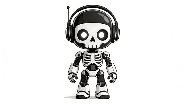 Black-and-white cartoon robot with skull head skeletal torso and over-ear headphones on white background