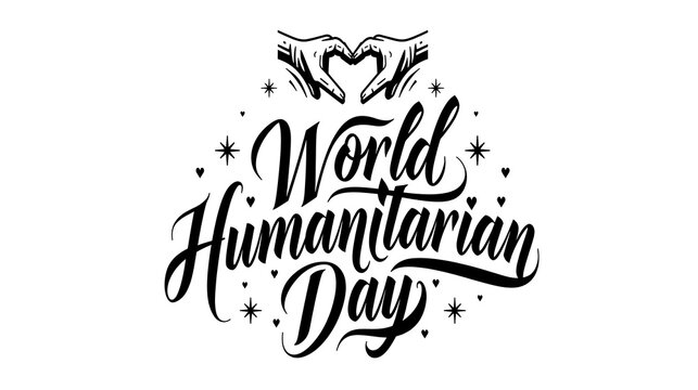 World Humanitarian Day typography design. Charity event lettering with heart hand gesture.