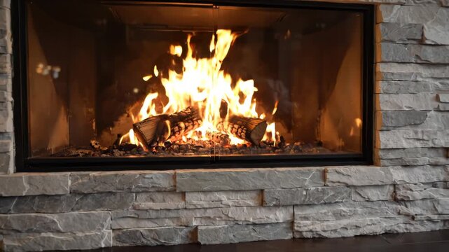 Cozy Modern Living Room with Stone Fireplace and Burning Fire