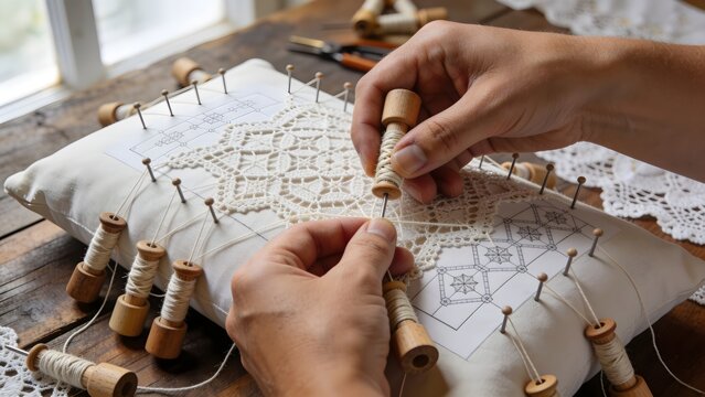 Artisan hands making traditional Lepoglava bobbin lace on pillow with wooden bobbins, UNESCO intangible cultural heritage
