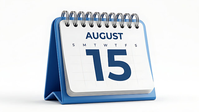 A vibrant blue spiral-bound desk calendar prominently displaying August 15th, symbolizing important dates, planning, and scheduling for business or personal events