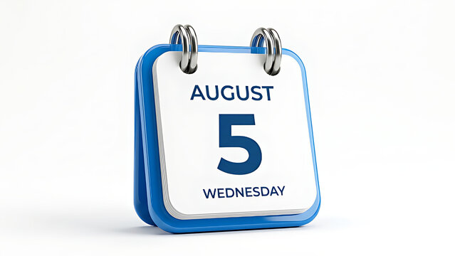 Blue 3D desk calendar showing August 5 Wednesday for business scheduling and efficient time management concept