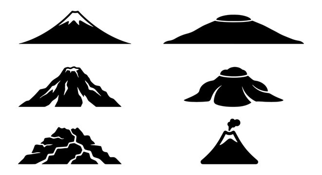 Volcano Icons Set, Diverse Mountain Shapes, Geological Formations, Earth Science Graphics, Vector Illustrations