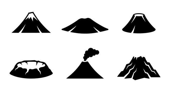Volcano Icons Set, Diverse Mountain Shapes, Geological Formations, Erupting Lava and Smoke, Simple Black and White Vector Graphics for Earth Science and Nature Concepts
