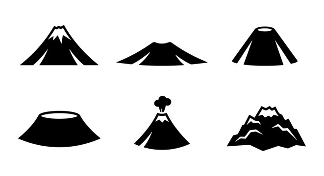 Volcano Icons Set, Mountain Silhouettes, Geological Formations, Earth Science Graphics, Nature Elements, Vector Collection