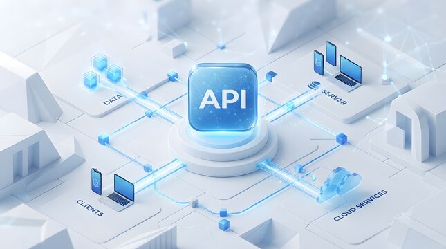 3d conceptual illustration of api architecture, connecting clients, servers, cloud services, and data, showing digital integration and communication
