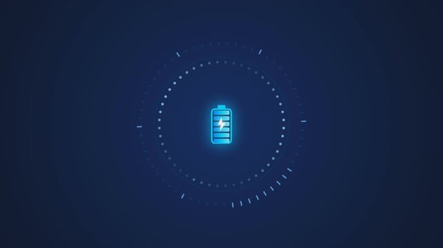 Battery charging status digital animation showing energy levels rising on a dark blue background motion footage