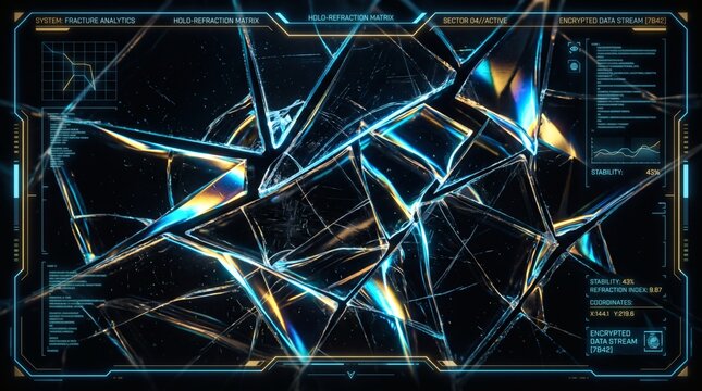 Futuristic digital interface displaying a shattered glass effect with glowing blue and orange light reflections.