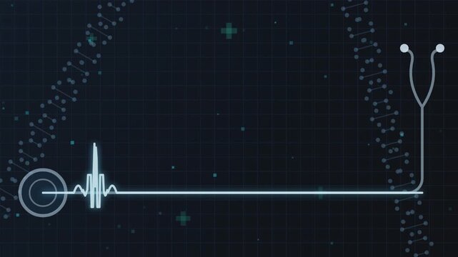 Ekg heart monitor signal wave moving across a dark medical digital interface video animation background