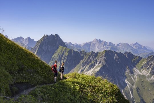 Mountain panorama from Laufbacher-Eckweg to H&ouml;fats 2259m, and Allg&auml;u main ridge with Trettachspitze 2595m, M&auml;delegabel 2645m, Bockkarkopf 2609m and Hochfrottspitze 2649m, Allg&auml;u Alps, Bavaria, Germany