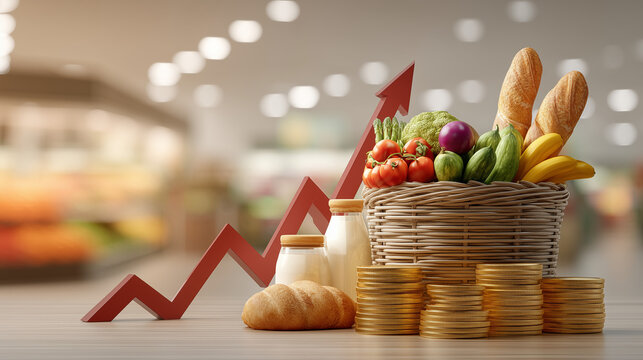 Basket of groceries with upward trend arrow and stacked coins illustrating food inflation, rising grocery costs, consumer spending, household budget and economic price increase concept.