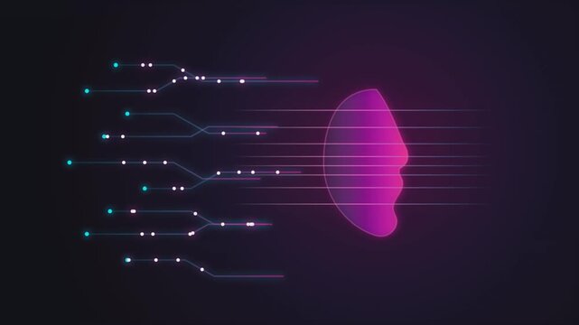 Artificial intelligence face profile silhouette with glowing data network lines in a futuristic digital motion video