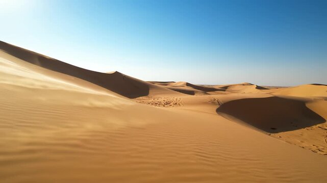 Golden Sand Dunes Under Clear Blue Sky in Vast Desert Landscape