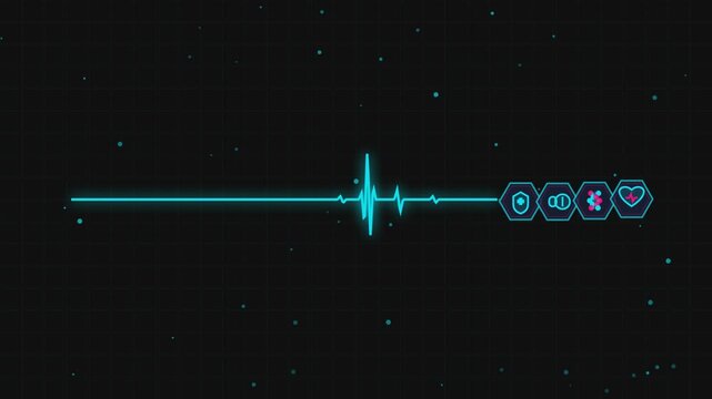 Digital heartbeat animation featuring glowing blue pulse line with medical icons in motion video footage