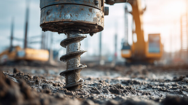 Close-up of a heavy-duty earth auger drilling into muddy ground at a construction site. Foundation work, drilling equipment, civil engineering, and industrial machinery concept.