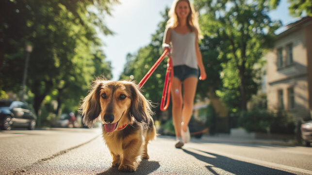 Happy woman walking a long-haired dachshund on a sunny residential street. Pet ownership, active lifestyle, daily exercise, and companionship concept with copy space.