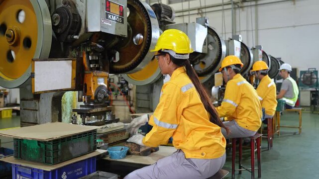 Employees using industrial machines in a manufacturing plant while wearing safety gear and utilizing proper equipment