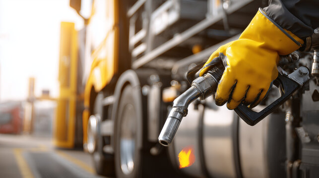 Close-up of a gloved hand holding a diesel fuel nozzle while refueling a commercial truck. Ideal for transportation, logistics, fuel industry, trucking, and energy concepts.