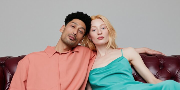 Contemporary couple portrait with teal slip dress and coral shirt on leather couch for fashion banner and editorial background design