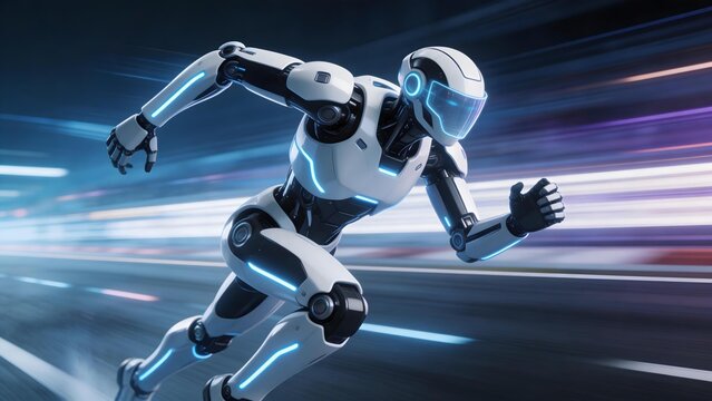 Futuristic white and black humanoid robot with glowing blue accents running at high speed against motion-blurred background