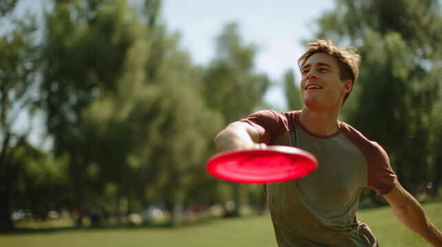 Young man throwing a flying disc in a sunny park during outdoor recreation. Active lifestyle, fitness, leisure and fun summer activity promoting health, movement and positive energy.