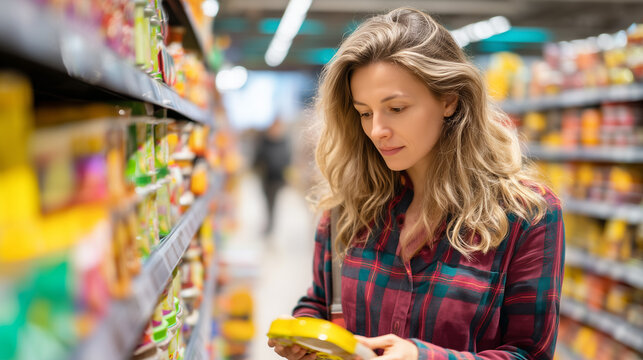 Young woman reading a product label while shopping in a modern supermarket. Smart consumer choosing groceries, comparing ingredients and making informed purchasing decisions.