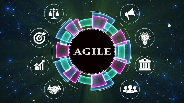 Agile business methodology concept motion graphics in dark space network galaxy.