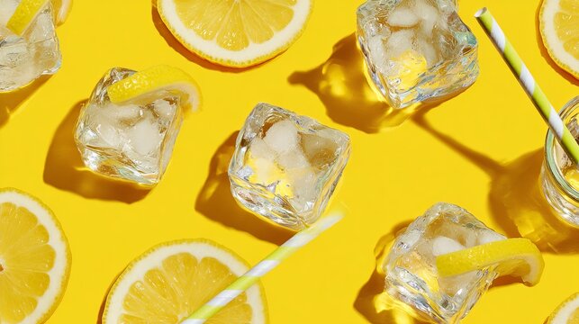 Bright yellow background with lemon slices, ice cubes, and a straw, creating a refreshing summer still life