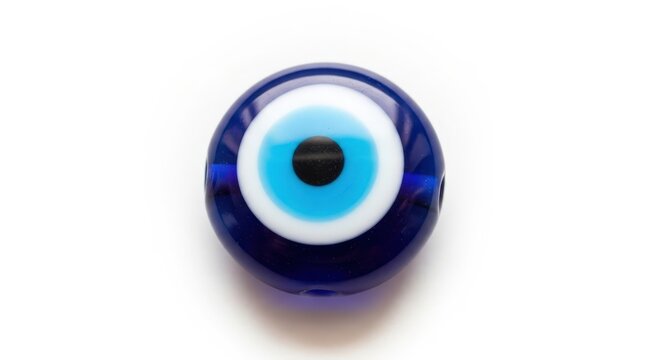 Blue evil eye amulet bead on white background symbolizing protection and good luck in mediterranean culture
