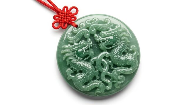 Green jade dragon pendant with red cord, chinese carved amulet, traditional symbol of wealth and protection, round jadeite jewelry
