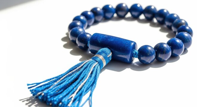 Blue beaded bracelet with tassel on white background, spiritual jewelry, meditation accessory, lapis lazuli beads