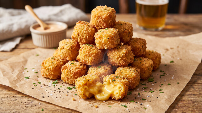 deep-fried or air-fried mac and cheese bites, typically featuring a crispy panko breadcrumb coating and a gooey cheddar or mozzarella interior.