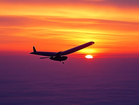 Glider Aircraft Silhouette Flying Against a Vibrant Sunset Over Clouds