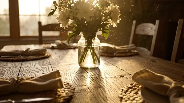 Rustic dining table set with floral centerpiece bathed in warm sunset light, shallow depth of field
