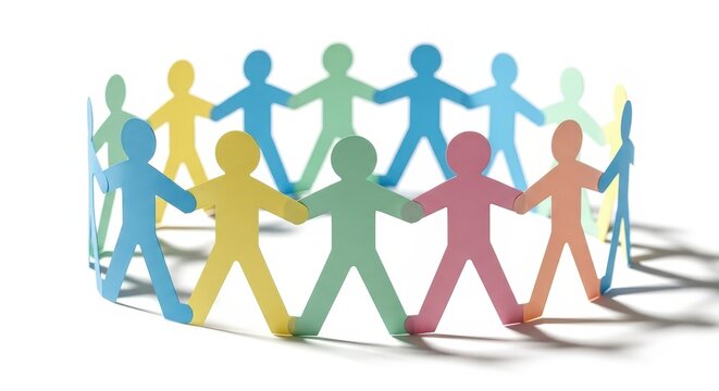 Colorful paper chain of people holding hands in a circle symbolizing unity, diversity, teamwork, and community on white background