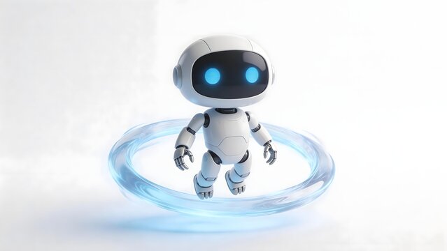 White robot with blue glowing eyes floating inside a translucent blue energy ring on white background
