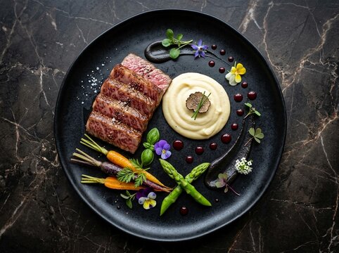 Seared beef steak plated with mashed potato puree and asparagus garnish
