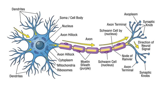 Anatomical diagram of a neuron cell structure with labeled parts, dendrite