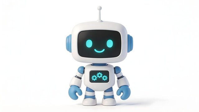 Friendly white and blue robot with glowing cyan eyes and gear symbols on chest standing against white background