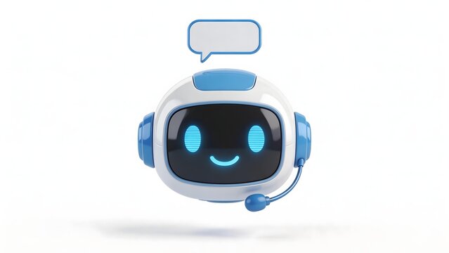 Blue and white robot head with glowing eyes speech bubble above and headset microphone on white background