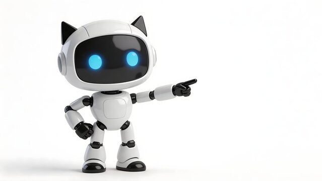 White robot with blue eyes and cat ears pointing right on white background
