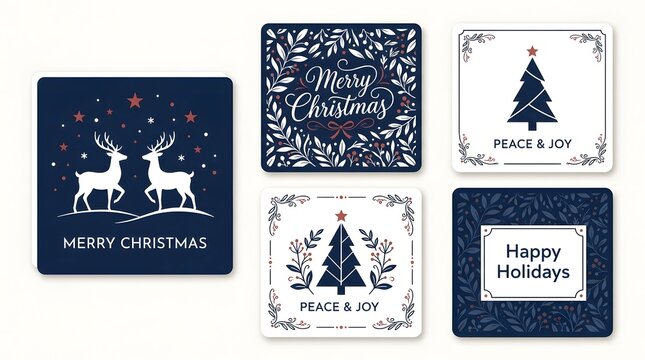 A collection of five square merry christmas greeting card designs featuring elegant blue and white illustrations of reindeer and pine trees