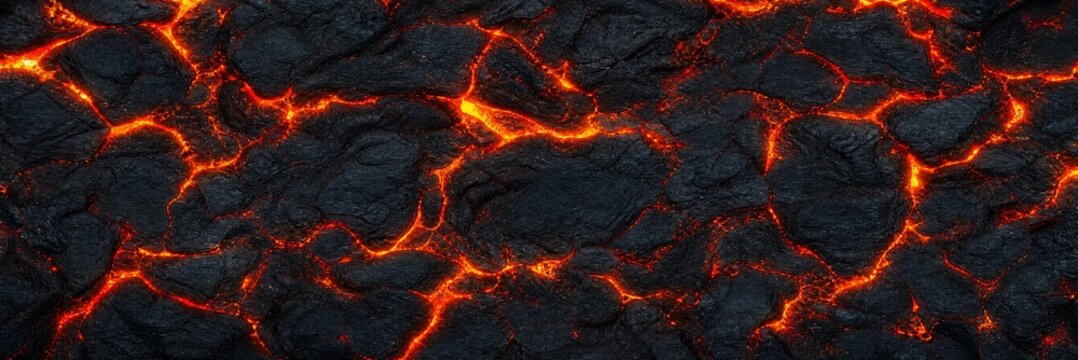 Molten lava texture background. Glowing volcanic magma flowing through dark cracked earth.