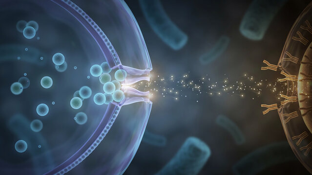 Microscopic depiction of virus particles attacking human cell with spike proteins visible