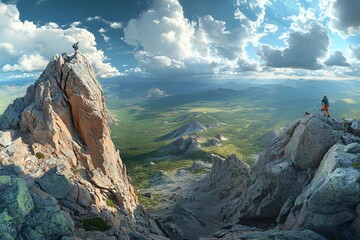 Obraz premium Two Hikers Standing on a Rocky Mountain Peak Overlooking a Lush Green Valley and Distant Mountains
